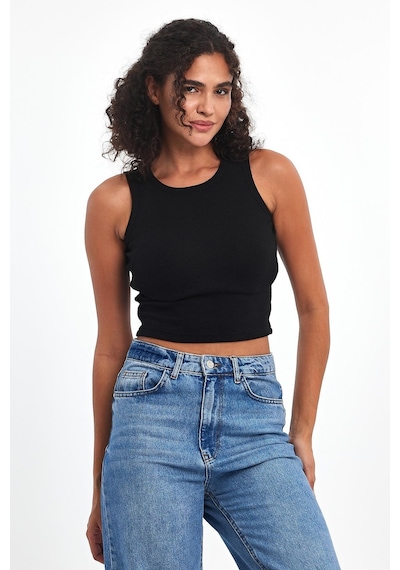 Mmetalic Kadın Siyah Fitilli Görünümlü Askılı Kalın Esnek Örme Basic Crop Atlet Bluz