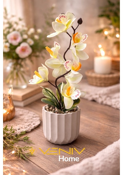 Dekoratif Lüks Yapay Sarı Orkide + Saksı 35 Cm Sarı