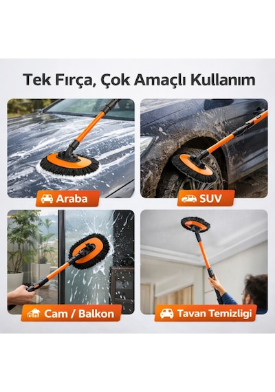 Polham 100cm Uzayabilen Teleskopik Saplı Kuru Islak Araç Temizleme Fırçası, İz Ve Çizik Bırkaz Fırça, Yedek Bezli