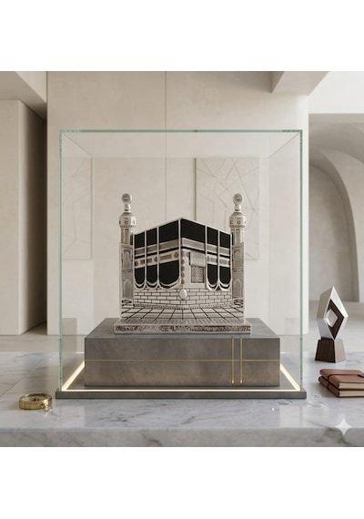 Allah & Muhammed S.a.v Kabe Kapısı Figürlü Özel Tasarım Gümüş Renkli Masa Üstü Biblo 25 Cm