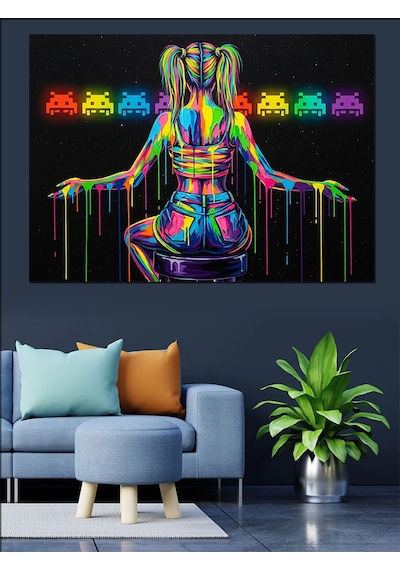 Neon Işıklı Kadın Ve Emojiler İllüstrasyonu Dekoratif Kanvas - Mdf Ahşap Tablo