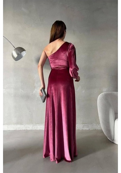 Lior Design Kadın Şık Detay Esnek Kadife Kumaş Tek Omuz Abiye Elbise Gülkurusu