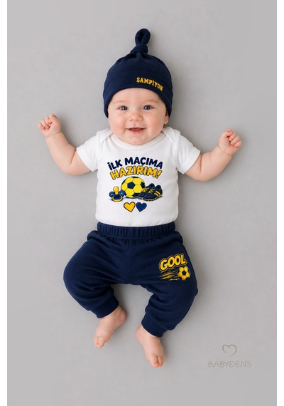 Babyden's Bebek 3'lü Takım Sarı Lacivert Taraftar Temalı Kısa Kol %100 Pamuk Yenidoğan Seti İlk Maçıma Hazırım