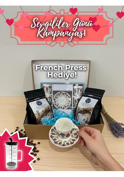 French Press Hediyeli 6 Kişilik Kahve Fincanı Seti + Espresso & Filtre Kahve Sevgililer Günü Özel Diğer