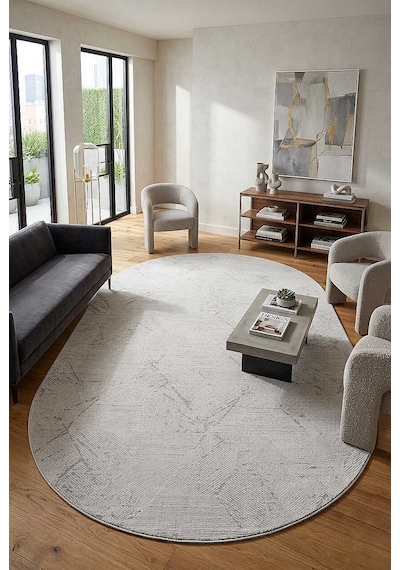 Geometrik Soyut Desenli Oskar Akrilik Makine Oval Halı Os07 Gri Krem-bej