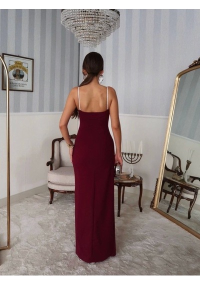 Defymoda Kadın Omuz Askılı Derin Yırtmaç Detay Maxi Boy Elbise Bordo