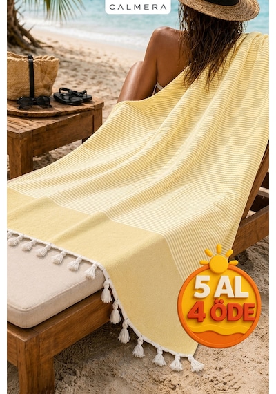 Calmera Çizgili Peştemal Pamuk - Doğal Saçaklı Plaj, Deniz, Havuz, Spa, Sauna, Spor, Seyahat Havlu - Sarı