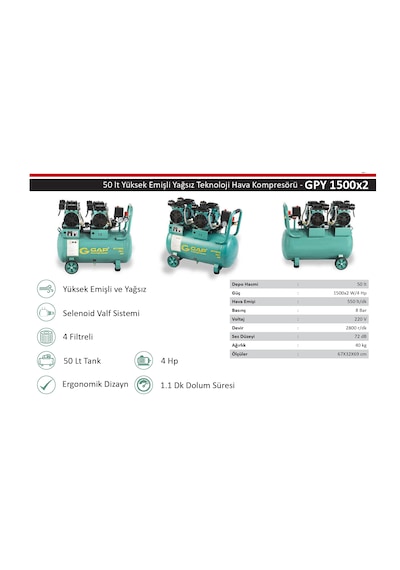 Gap Kompresör Gpy1500x2 4 Hp 8 Bar 50 Lt Sessiz Yağsız Kompresör