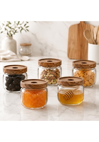 300 Ml Cam Kahvaltılık 5 Li Set, Akasya Kapaklı Şeffaf Cam Saklama Kavanozu, Kahvaltı Sunum Kabı, Zeytin Reçel Bal Kuruyemiş Sos Atıştırmalık Kavanozu Çok Renkli