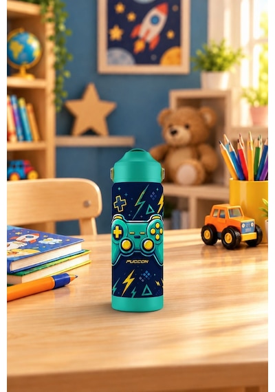 Puccon 540 Ml Oyun Konsolu Baskılı Sarı - Yeşil Erkek Çocuk Pipetli Çelik Termos Matara/suluk - 60045