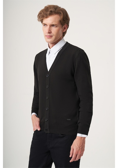 İmza Siyah V Yaka Uzun Kol Örme Comfort Fit Pamuklu Hırka Triko 1012265016