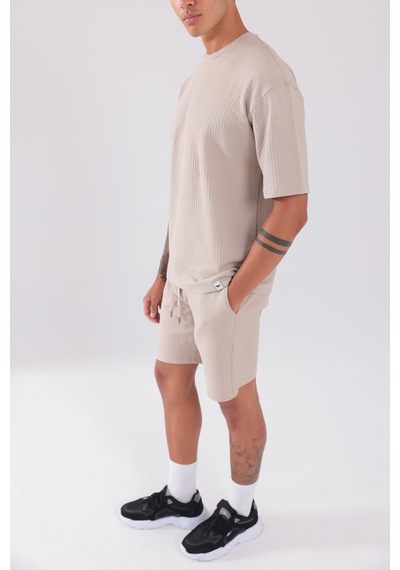 Rowinger Waffle Dokulu Oversize T-shirt Ve Şort Erkek Takım Beıge