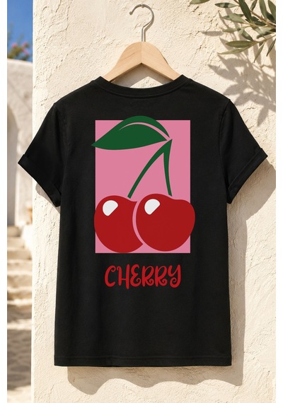 Spoyi Kiraz Rüyası Tasarımlı %100 Pamuk Yarım Oversize Siyah T-shirt