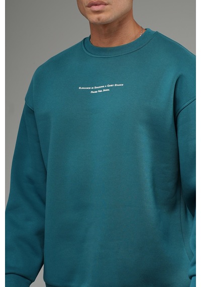 Nakış Detaylı Logolu Bisiklet Yaka Oversize Kalıp Sweatshirt Yeşil
