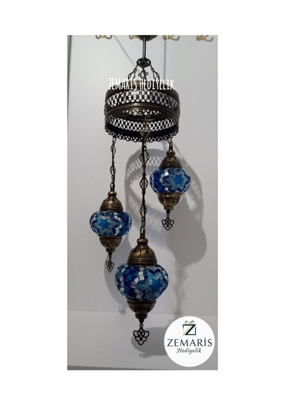 El Yapımı Otantik Mozaik Avize 3 Lü Mavi - 719092352 Mavi