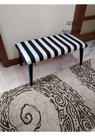 Azra Mobilya Benc Puf Bank Çeşitleri Ahşap Ayaklı Ahşap Bench Çift Kişilik Puf Siyah - Beyaz