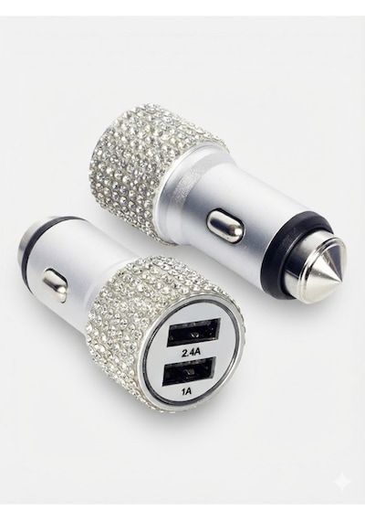 Kristal Taşlı Metal Araç Çakmaklık Şarj Aleti Çift Usb-a Girişli Hızlı Şarj 2.4a 12-24v Gümüş