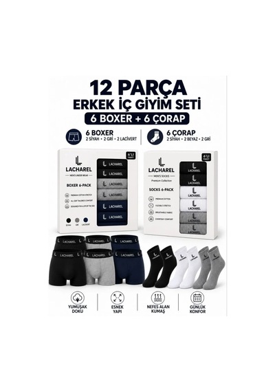 Veraura Lifestyle Erkek 12li İç Giyim Seti Pamuklu 6 Boxer 6 Çorap Çoklu Paket - Siyah - Lacivert - Gri - Beyaz Çok Renkli