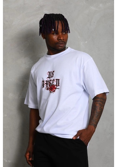 Barlashive Erkek Baskılı Tişört Kısa Kol Bisiklet Yaka Oversize T-shirt - Beyaz Çok Renkli