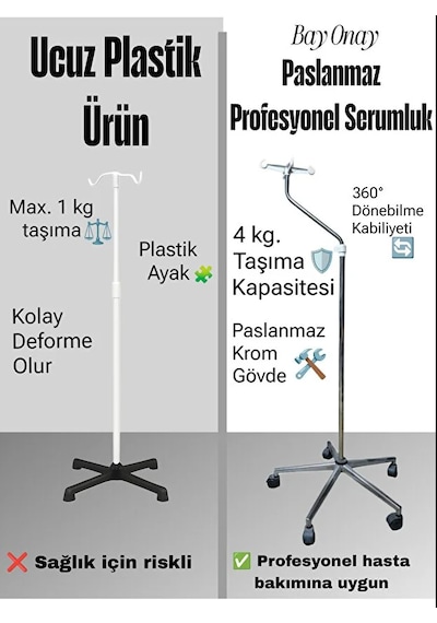Paslanmaz Krom 5 Ayaklı Serum Askılığı Ayarlanabilir Yükseklik, 360 Hareket Kabiliyeti