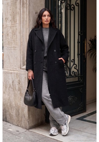 Lela Oversize Fit Mono Yaka Düğmeli Buklet Uzun Kaşe Kaban Kadın Kaban 6811997 Siyah