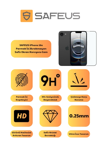 Safeus Tam Kaplayan Parmak İzi Bırakmayan Safir Ekran Koruyucu Cam , Apple Uyumlu iPhone 16e İle