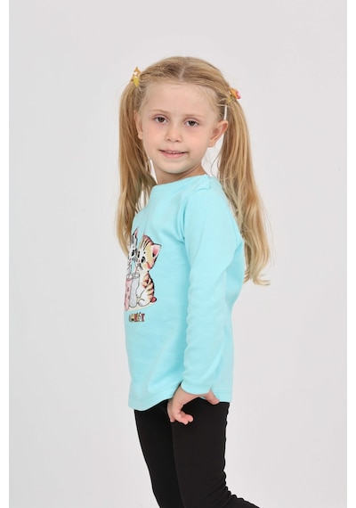 Toontoy Kız Çocuk Regular Fit Bisiklet Yaka Baskılı Sweatshirt - Tk24803 Turkuaz