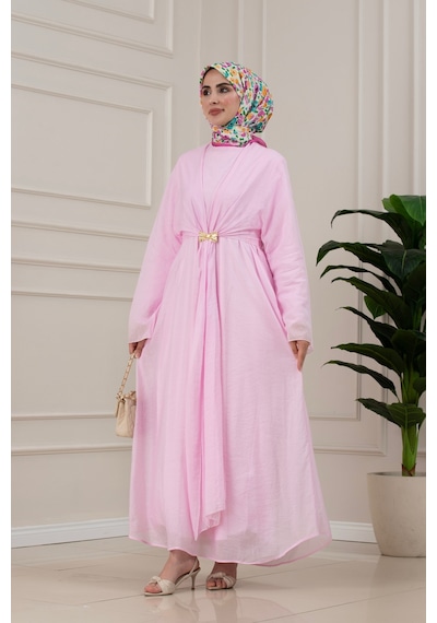 Sevitli Bolerolu Toka Detaylı Defne Elbise-pembe-5804