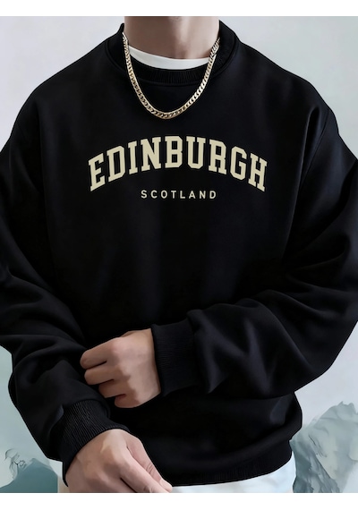 Tarzsokak Edinburgh Scotlano Mektup Baskıları Gevşek Polar Kapüşonlular Erkek Cep Bisiklet Yaka Eşofman Siyah