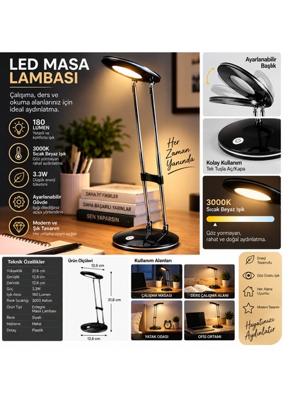 Led Masa Lambası 3.3w 180 Lumen 3000k Sıcak Siyah Ayarlanabilir Başlıklı Çalışma Ve Ders Lambası