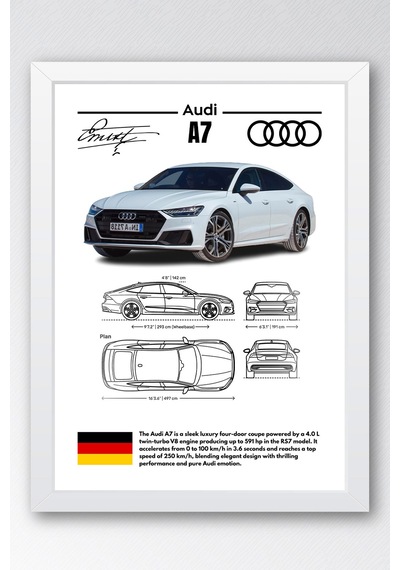 Audi A7 Tablo - Teknik Özellikli Alman Sportback Poster - Çerçeveli Duvar Dekoru - Araba Blueprint Beyaz