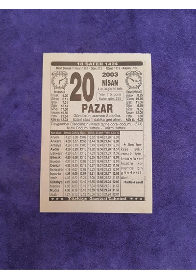 20 Nisan 2003 Takvim Yaprağı - Nostaljik Koleksiyonluk Takvim Yaprağı