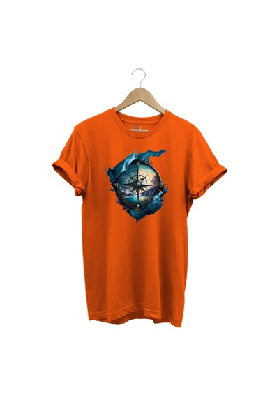 Renkli Manzara Ve Pusula Baskılı %100 Pamuk Regular Fit Turuncu T-shirt Turuncu