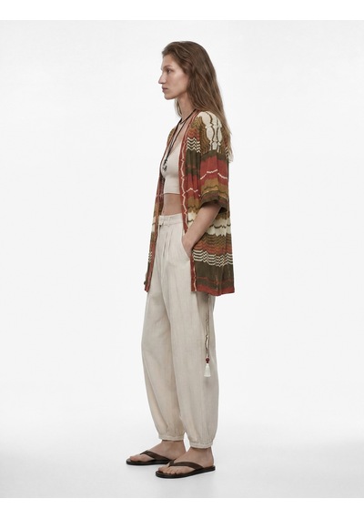 Koton Pointelle Örgü Kısa Kollu Kemerli Desenli Oversize Kimono Hırka Haki Desenli 6sak30075ek