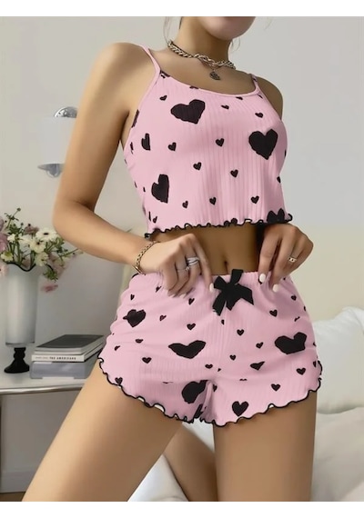 Atyticaret Kadın Pamuklu Pembe Üstüne Siyah Desenli Askılı Fitilli Şortlu Pijama Takımı