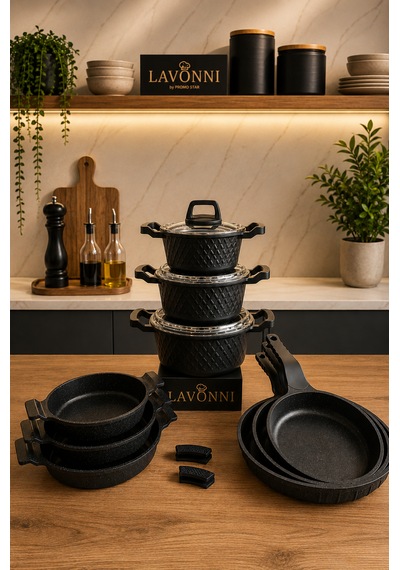 Obsidyen Prestige Mega Set 12 Parça Döküm Granit Tencere Tava Ve Sahan Seti 16-18-20 Cm Tencere 18-20-22 Cm Sahan 20-24-28 Cm Tava Siyah