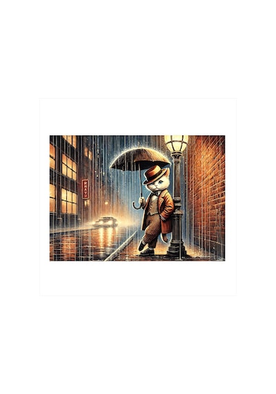 Gece Sokakta Şapkalı Kedi Art Mdf Tablo