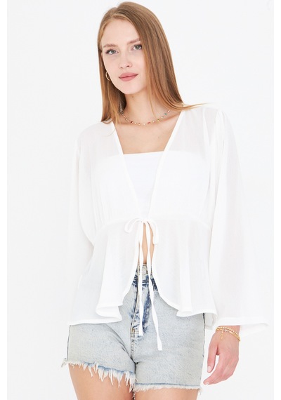 Armonika Kadın Beyaz Önden Bağlama Detaylı Şifon Kimono Hırka Arm-25y001072