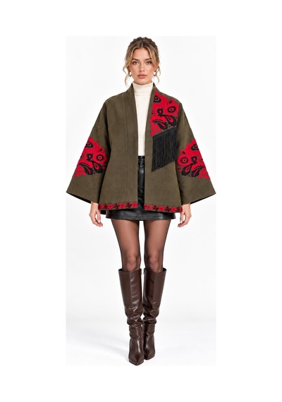 Saade Haki Etnik Çiçek Nakışlı Püsküllü Kimono Ceket