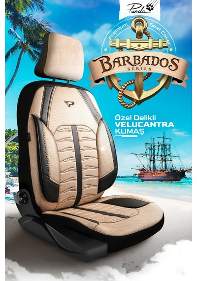 Bej - Siyah Panda Barbados Serisi Alkantra Kumaş Oto Koltuk Kılıfı - Tam Set