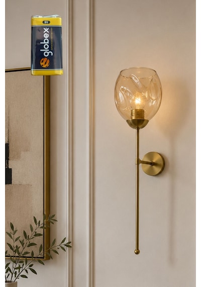 Damla Bal Camlı Gold Cubuklu Pıllı Aplik Beyaz