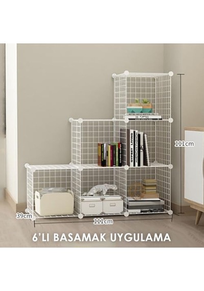Bölmeli Beyaz Portatif Çok Amaçlı Metal Tel Dolap Raf Kitaplık Organizer Çok Renkli