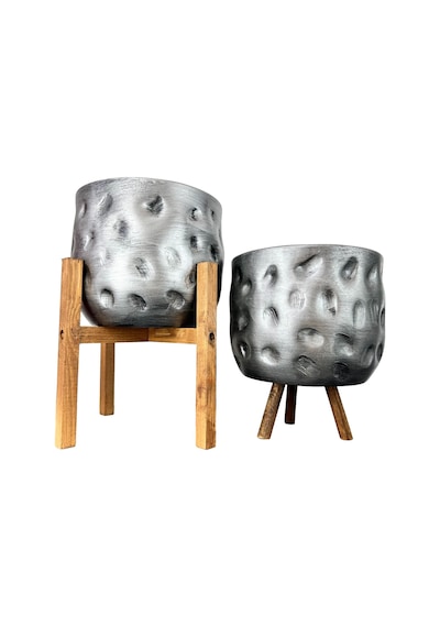 Bitki Tasarımı Ev Dekorasyon Aksesuar Gümüş Desenli Toprak Saksı Saksılık Salon Çiçeklik İkili Set 4 Ayaklı- 3 Ayaklı 19 Cm