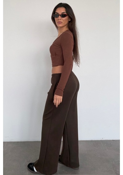 Kahverengi Geniş Paça Barrel Fit Eşofman Altı Mg2646 Kahverengi