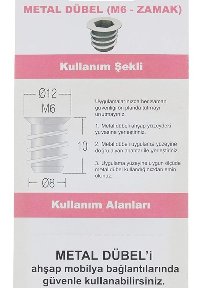 Metal Dübel Mobilya Bağlantı Zamak Vida Yuvası M6 8X13 10 Adet