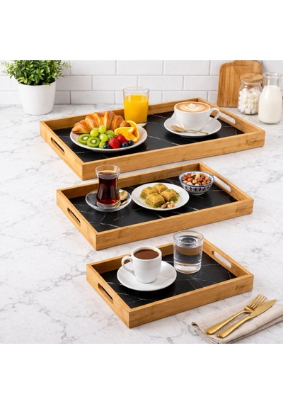 Bambum 3 Lü Ahşap Servis Tepsisi Seti 23x35 28x40 33x45 Koyu Lacivert Mermer Desen Ahşap X Koyulacivert