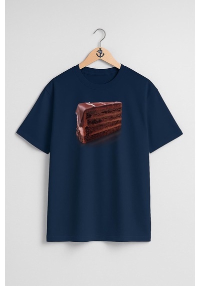 Oversize Çikolatalı Kek Göğüs Tasarımlı Unisex T-shirt Lacivert
