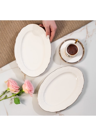 Porsima 4449 Tiffany Porselen Platin Fileli Kayık Tabak Seti - Oval Kahvaltılık Sunumluk Seti 25cm Beyaz