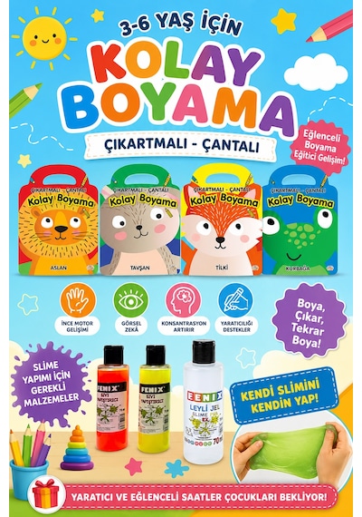 3-6 Yaşa Uygun Kolay Boyama Çıkartmalı Çantalı Set - 4 Kitap
