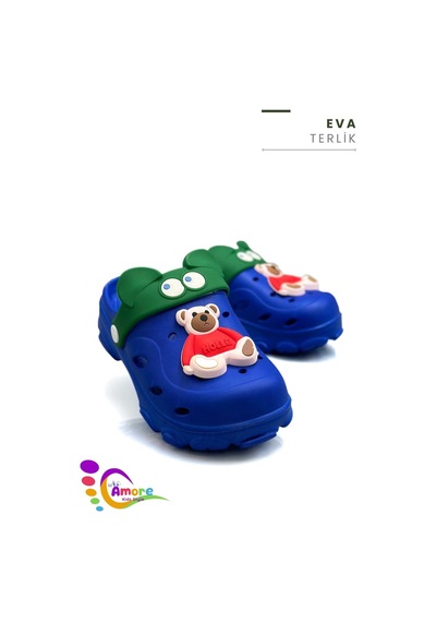 Sermoda Gözlük Desen Ayıcıklı Eva Çocuk Plaj Havuz Terlik Sabo Terlik Mavi Kırmızı
